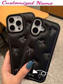 1pc Customized Black Leather Case With English Letters, Numbers, Korean Style Embroidered Bow Design, Compatible With IPhone 16, 17 Pro Max, Soft Luxury Full Coverage - Black - View 6