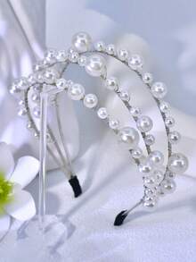 1件手工制作的优雅多层仿珍珠发箍，适合日常、派对、节日、舞会等场合佩戴。 - 銀色 - 查看 2