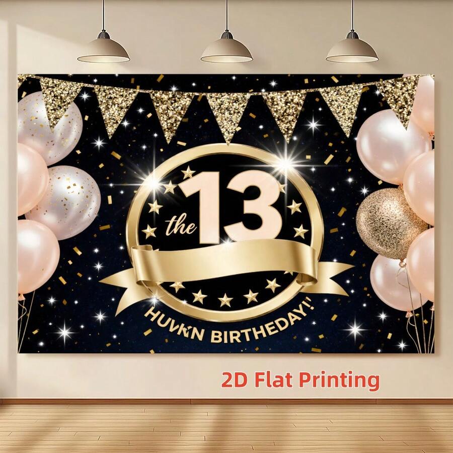 2D Printed 1pc Luxury Black Gold 13th Birthday Party Backdrop, Shiny Black & Gold Theme, Suitable For 13th Birthday Party, Teen Theme Party, Family Celebration, Birthday Photography! Black Background With Pink Gold Balloons, Glitter And Badge-Style "13" Elements, Creating A Cool And Elegant Atmosphere - View 1