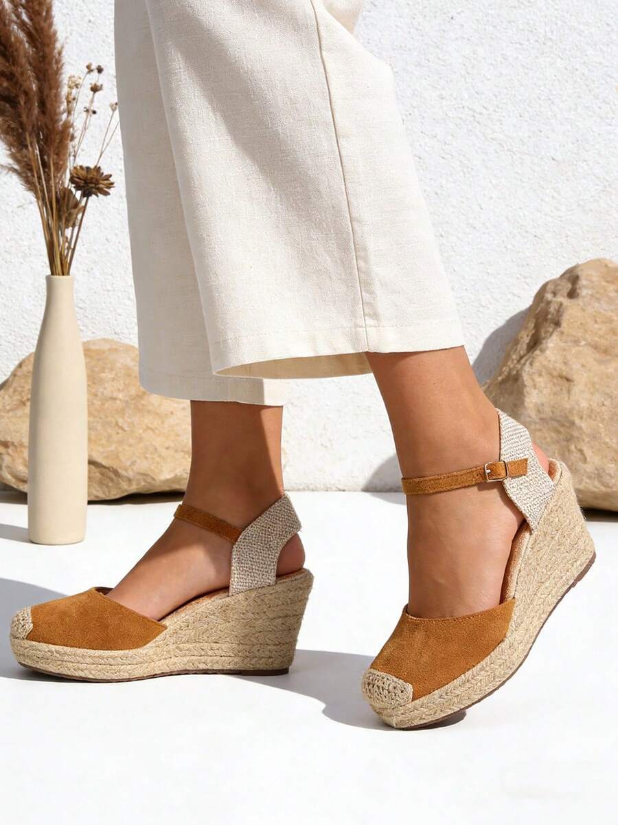 Sandalias alpargatas de cuña altas para mujer con plataforma alta clásica de esparto sandalias de verano confortables de punta redonda estilo bohemio básico - Camel - Ver 1