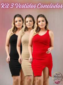 Set Of 3 Women's Modal Knit Dresses With V-Neck, Ribbed Knit, Front Slit, And Wide Straps - Summer - Black/Beige/Red - View 6