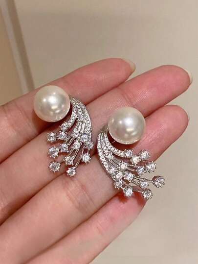 1 Pair Luxury Cubic Zirconia & Faux Pearl Drop Earrings For Women For Wedding Engagement Anniversary Party Jewelry Valentine's Day Gift