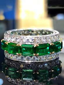 1 pieza Anillo de circonita cúbica verde de moda para mujer, adecuado para boda, compromiso, fiesta, regalo del Día de San Valentín - Multicolor - Ver 8