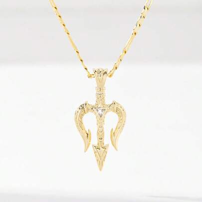 14K Gold Plated Unisex Trident Zirconia Pendant Necklace, Featuring Exquisite Details And Sturdy Craftsmanship With Sparkling Zirconia Stones. The Bold And Fashionable Design Makes It An Ideal Gift For Friends, Family And Couples, Serving Both Decorative And Commemorative Purposes.