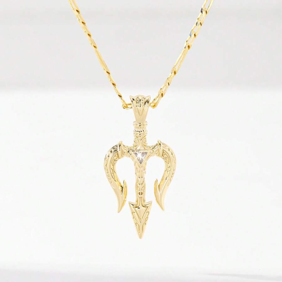 14K Gold Plated Unisex Trident Zirconia Pendant Necklace, Featuring Exquisite Details And Sturdy Craftsmanship With Sparkling Zirconia Stones. The Bold And Fashionable Design Makes It An Ideal Gift For Friends, Family And Couples, Serving Both Decorative And Commemorative Purposes.