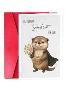 1pc Cute Card "Ein Packet Superkraft Für Dich" With Envelope - Cute Encouragement Card With Superhero Otters & Flowers - View 8