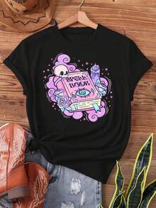 Women Plus Size  Women Pastel Goth Book T-Shirt Short Sleeve Crew Neck Top With Book Lettering Goth Subculture Style Casual Spring Summer Outfits Machine Washable Pastel Goth Aesthetic Clothing Big Women Size 0XL-5XL 220g - màu đen - Xem 2