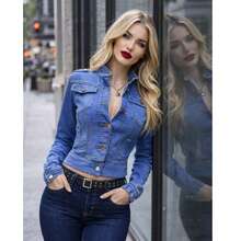 Chaqueta de Mezclilla Slim Fit Estilo Militar con Cuello Alto y Detalles de Charreteras - Denim Lavado Elástico MOD. MOA - Multicolor - Ver 3