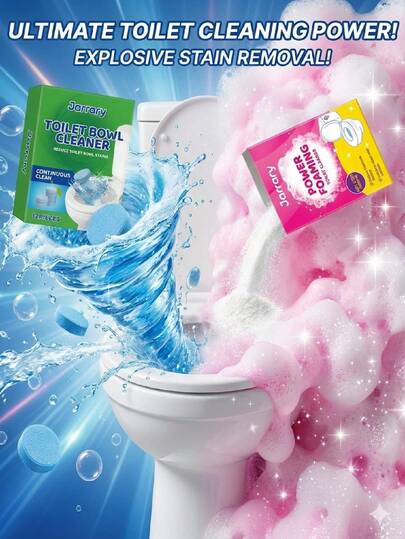 Magic Toilet Bowl Cleaner Foam Powder & Automatic Effervescent Cleaning Tablets, Instant Deep Stain Remover For Tough Hard Water Rings & Limescale, No-Scrub Quick Action For Sparkling Clean Porcelain, Heavy Duty Deodorizing Formula To Refresh Bathroom, Effortless Odor Neutralizer & Intense Shine