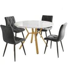 Ensemble de salle à manger, ensemble table et chaises (5 pièces), style moderne et épuré, composé d'une table ronde en marbre, de pieds de table en métal doré et de 4 chaises ergonomiques en velours gris. - Gris foncé - Voir 3