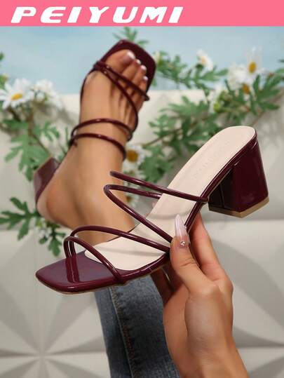 PEIYUMI Nuevos tacones altos de verano para mujer de estilo francés, de material brillante y suave, tacón grueso, con un diseño minimalista, elegante y de estilo hada, adecuados para fiestas y reuniones