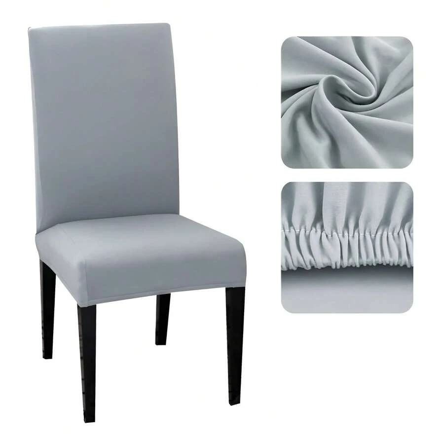 Set Of 4 Chair Covers For Dining Rooms, Plain Knit Fabric With Elastic - Light Grey - View 1