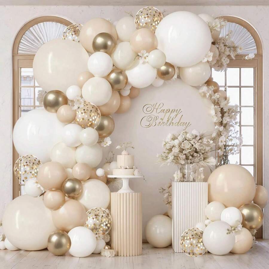 117pcs Gold Balloon Arch Kit, Includes Nude, Beige, White And Gold Balloons, Suitable For Birthday Party, Baby Shower, Engagement Party, Bridal Shower, Wedding Decoration And Anniversary Celebration - View 1