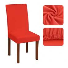 Set Of 4 Chair Covers For Dining Rooms, Plain Knit Fabric With Elastic - Red - View 3