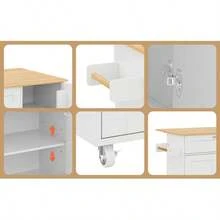 Large 132.5cm Mobile Kitchen Table With Foldable Countertop, Oak Wood Grain, Multifunctional Cabinet, Spice Rack, Towel Holder & 5 Lockable Casters For Kitchen Dining And Home Use - White + Natural Color - View 6