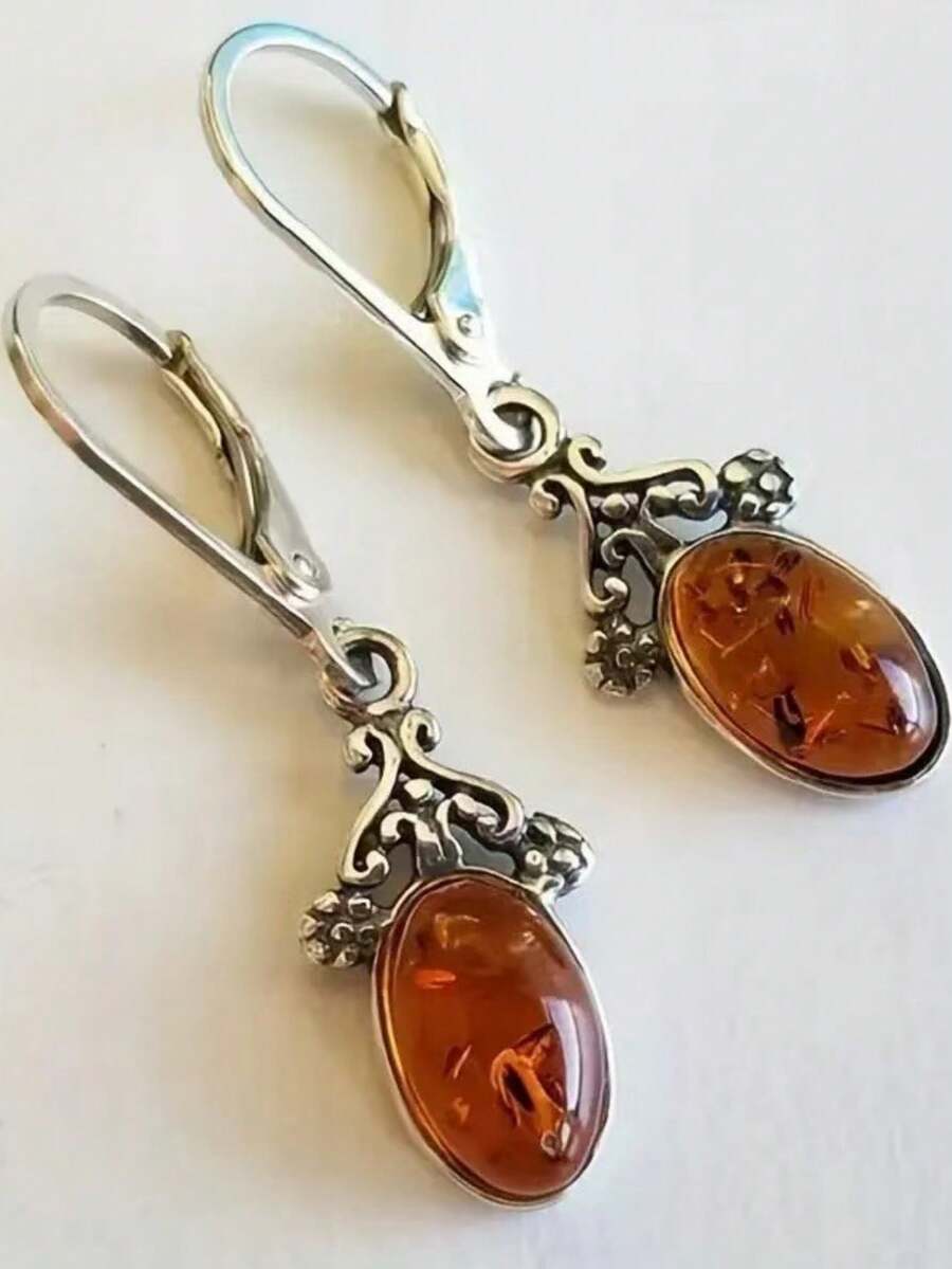 1 Pair Retro Bohemian Style Oval Carved Pendant Earrings, Suitable For Women's Daily, Party, Travel Jewelry Gift - Silver - View 1