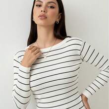 Long-Sleeved Striped Modal Knit Blouse For Cold Winter Weather. - Off With Black - View 2
