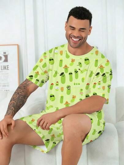 Bộ đồ ngủ nam cỡ lớn | Áo tay ngắn cổ tròn và quần short cạp chun kiểu dáng thường ngày | Vải dệt kim polyester mềm mại, thoáng khí, rộng rãi, thoải mái | Họa tiết côn trùng ngộ nghĩnh, kiểu dáng thường ngày