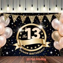 2D Printed 1pc Luxury Black Gold 13th Birthday Party Backdrop, Shiny Black & Gold Theme, Suitable For 13th Birthday Party, Teen Theme Party, Family Celebration, Birthday Photography! Black Background With Pink Gold Balloons, Glitter And Badge-Style "13" Elements, Creating A Cool And Elegant Atmosphere - View 4