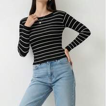 Long-Sleeved Striped Modal Knit Blouse For Cold Winter Weather. - Black With Off - View 3