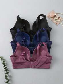 Kit 3 Sutiã com bBojo Reforçado Liso Três Fechos Poliamida Alça Larga Sutian Femino - PRETO/MARINHO/MALVA - Visão 3