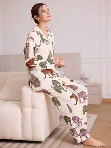 两件套女士睡衣套装，豹纹印花，时尚舒适的家居服 - 黃色 - 查看 9
