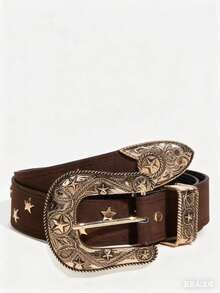 新款星形铆钉朋克风时尚男女通用宽腰带，雕花扣休闲牛仔裤腰带 - 黑色 - 查看 5