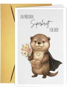 1pc Cute Card "Ein Packet Superkraft Für Dich" With Envelope - Cute Encouragement Card With Superhero Otters & Flowers - View 4