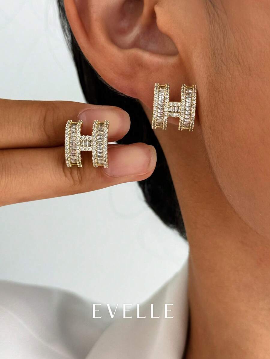 Gold-Tone Letter H Earrings With Luxurious Cubic Zirconia, Suitable For Party And Daily Wear