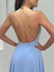 Serenity Blue Halter Neck Long Dress With Ruffle Larissa NM Nana Marie - 淺藍色 - 查看 4