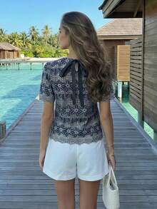 Embroidered Short Sleeve Blouse, Slimming & Unique Design, Spring/Summer 2026 New Arrival - Navy Blue - View 5