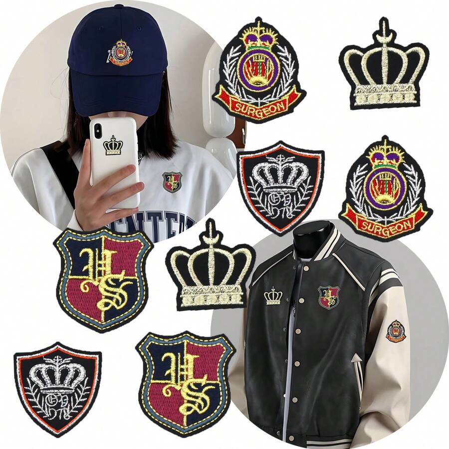 4pcs Crown & Shield Embroidered Patches - Iron-On And Sew-On, With Heat Adhesive Backing, Suitable For Jackets, Hats, Backpacks And DIY Crafts - Badge - View 1
