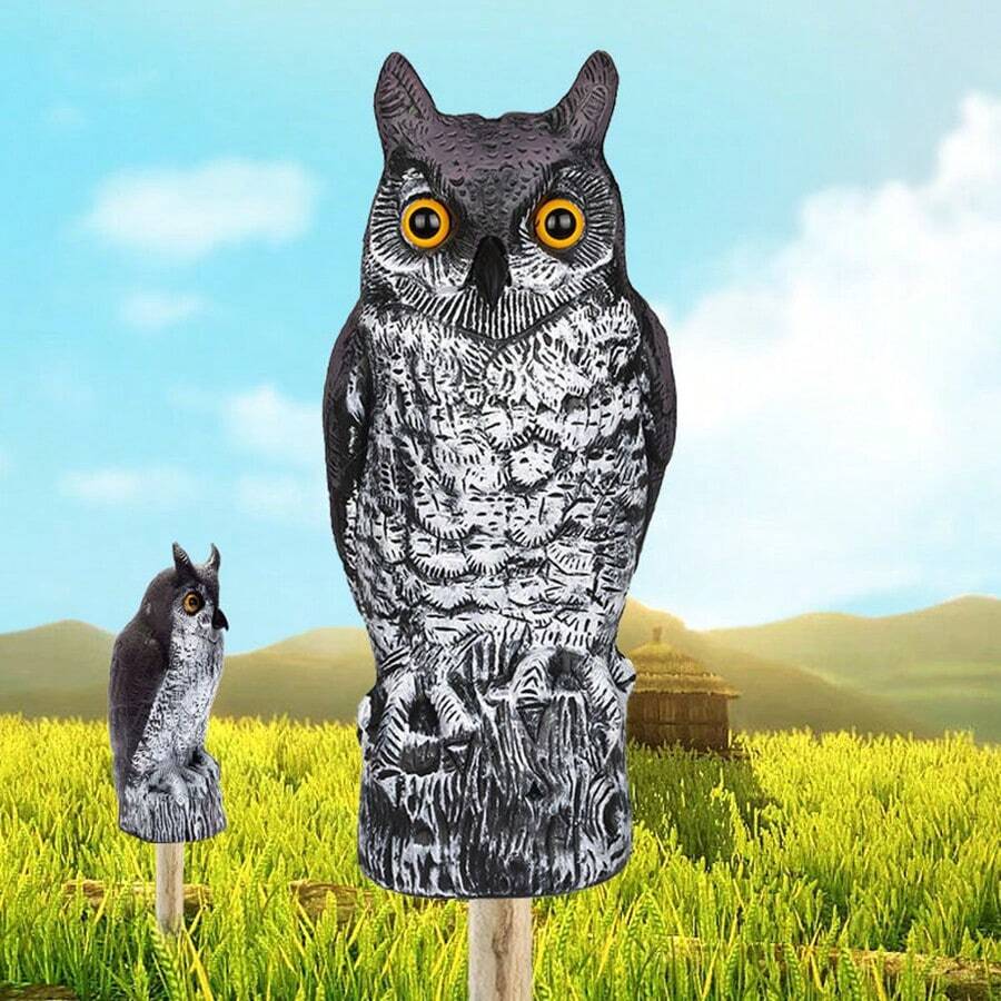 仿真猫头鹰诱饵，驱赶花园、屋顶和露台上的鸟类——稻草人提供天然的害虫控制——人道且双色的大角猫头鹰 - A - 查看 1