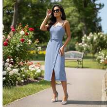 Women's Midi Tailored Dress With Front Slit And Waistband, Thin Straps, Longuette Length. Sizes P, M, G, GG. Formal Dress For Civil Weddings, Graduations, And Women's Events | Ref 2599 - 藍色 - 查看 6