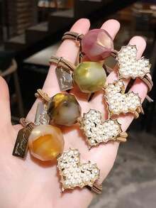 4pcs/8pcs/16pcs Women's Spring & Summer Heart-Shaped Pearl & English Letter Elastic Hair Ties, Elegant & Chic Street Style, Made Of Polyester Fiber (Polyester) Pearl, Spring & Summer - Multicolor - View 11