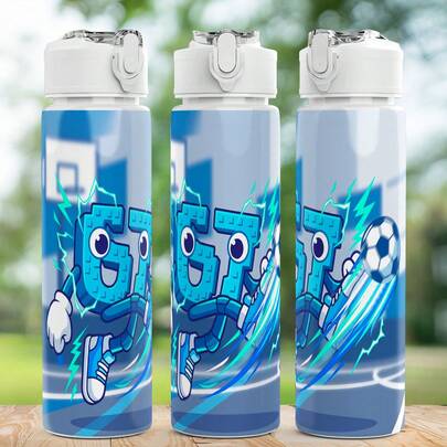 25oz/750ml Plastic Water Bottle With Blue Robot Themed Print, Suitable For Commuting, Office, Festivals, Fitness, , Leak-Proof, Large Capacity, Great For Winter, Christmas, Halloween, Thanksgiving