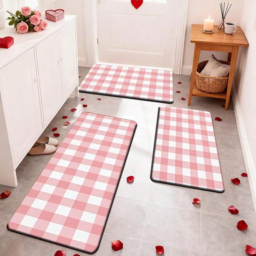 Valentine Kitchen Rug  Red White Checkered Pattern Non Slip Backing Perfect For Living Room Bedroom Kitchen Dining Room Entryway Bathroom Laundry Room Valentine Decoration Home Decor - trắng - Xem 1