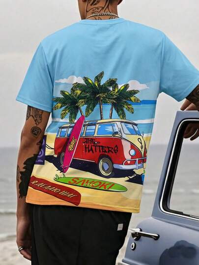 Camiseta de manga corta con estampado de palmeras divertida para hombre, estilo vacacional