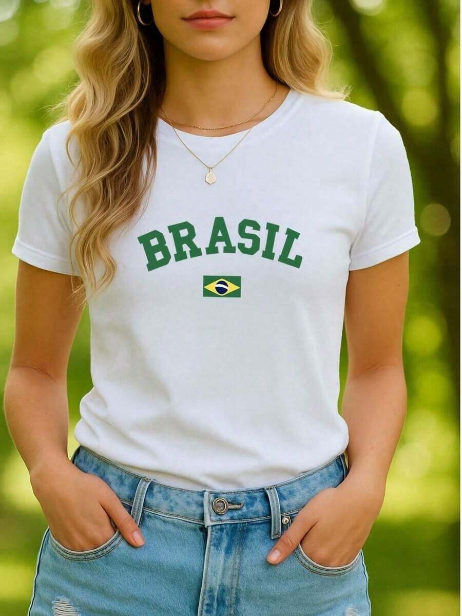 Women's Brazil Cup T-Shirt/Blouse With Stylish Brazil Flag 2026 Design, 100% - 白色 - 查看 1
