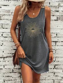 Minimalist Modern Style Line Art Sun Pattern Elegant Dress, Moon Print Summer Casual Classic Dress, Vintage Mid-Length Sleeveless Tummy-Concealing Fashionable Commuter Vacation Women's Tank Dress - Màu xám đen - Xem 5