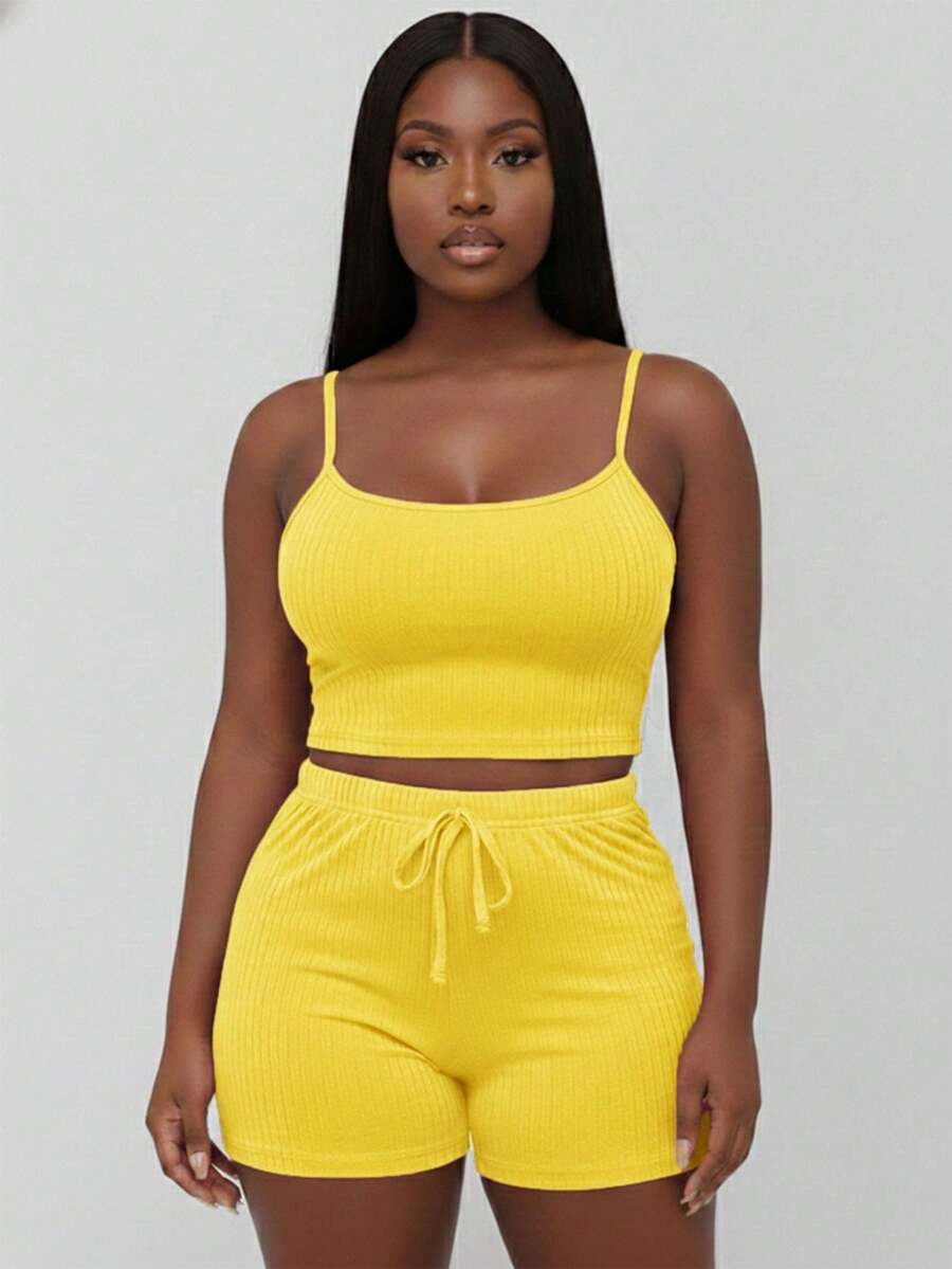 Curvy Rib Knit Camisole Crop Top And Shorts Two Piece Set Elegant Party Boho Style Plus Size Outfit - 黃色 - 查看 1