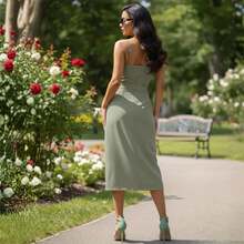 Women's Midi Tailored Dress With Front Slit And Waistband, Thin Straps, Longuette Length. Sizes P, M, G, GG. Formal Dress For Civil Weddings, Graduations, And Women's Events | Ref 2599 - 薄荷綠 - 查看 2