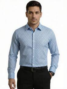 Men's Printed Dress Shirt, Long Sleeve, Slim Fit, Comfortable - 淺藍色 - 查看 1