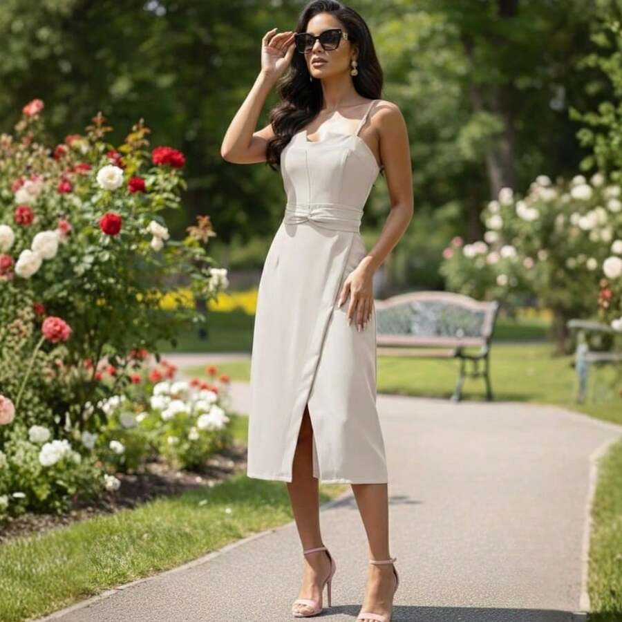 Women's Midi Tailored Dress With Front Slit And Waistband, Thin Straps, Longuette Length. Sizes P, M, G, GG. Formal Dress For Civil Weddings, Graduations, And Women's Events | Ref 2599 - 米色 - 查看 1