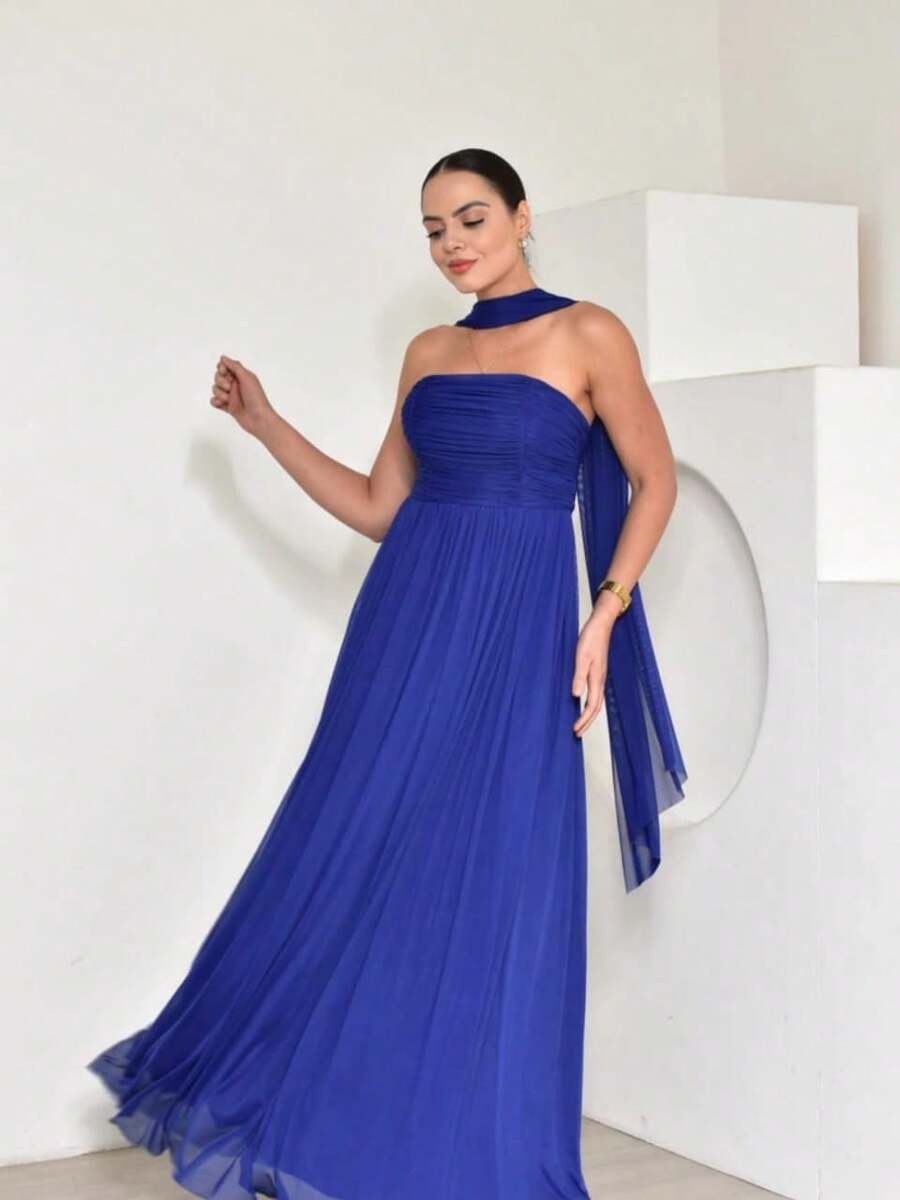 Long Dress With Cape For Wedding, Evening, Or Graduation. - Royal Blue - View 1