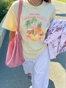 1-Piece Women's Plant Print Vacation Casual Loose Comfortable Round-Neck Short-Sleeve T-Shirt - Màu be - Xem 6