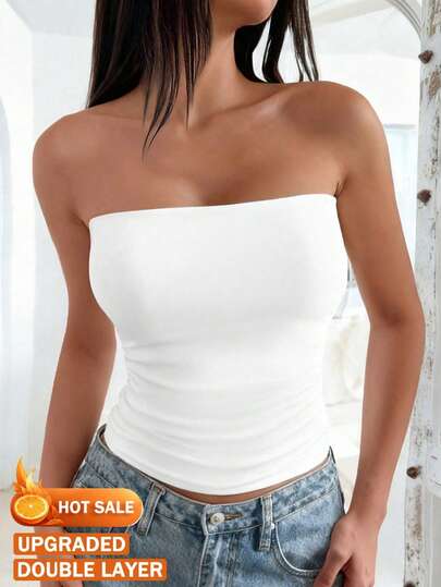 Women's Seamless Strapless Solid Color Elastic Fitted Camisole, Strapless Basic Vest Tank Top For Spring/Summer,Dresses For Occasions,Holiday Outfits For Women,Eid Dress For Women