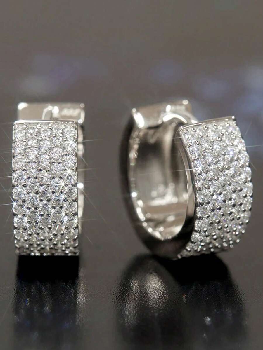 1 Đôi bông tai vòng đính đá Cubic Zirconia lấp lánh dành cho nữ, thích hợp làm quà tặng đám cưới, kỷ niệm, lễ đính hôn, quà tặng trang sức cho Ngày Valentine. - Bạc - Xem 1