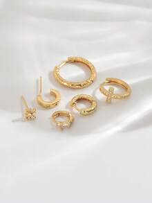 6pcs Set Elegant Cross Zirconia Stud Earrings, Suitable For Party, Holiday, Date Or Wedding - Yellow Gold - View 2