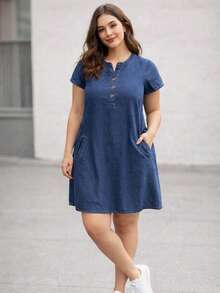 VESTIDO DE MEZCLILLA CUELLO MAO CON BOLSAS - Azul lavado medio - Ver 1